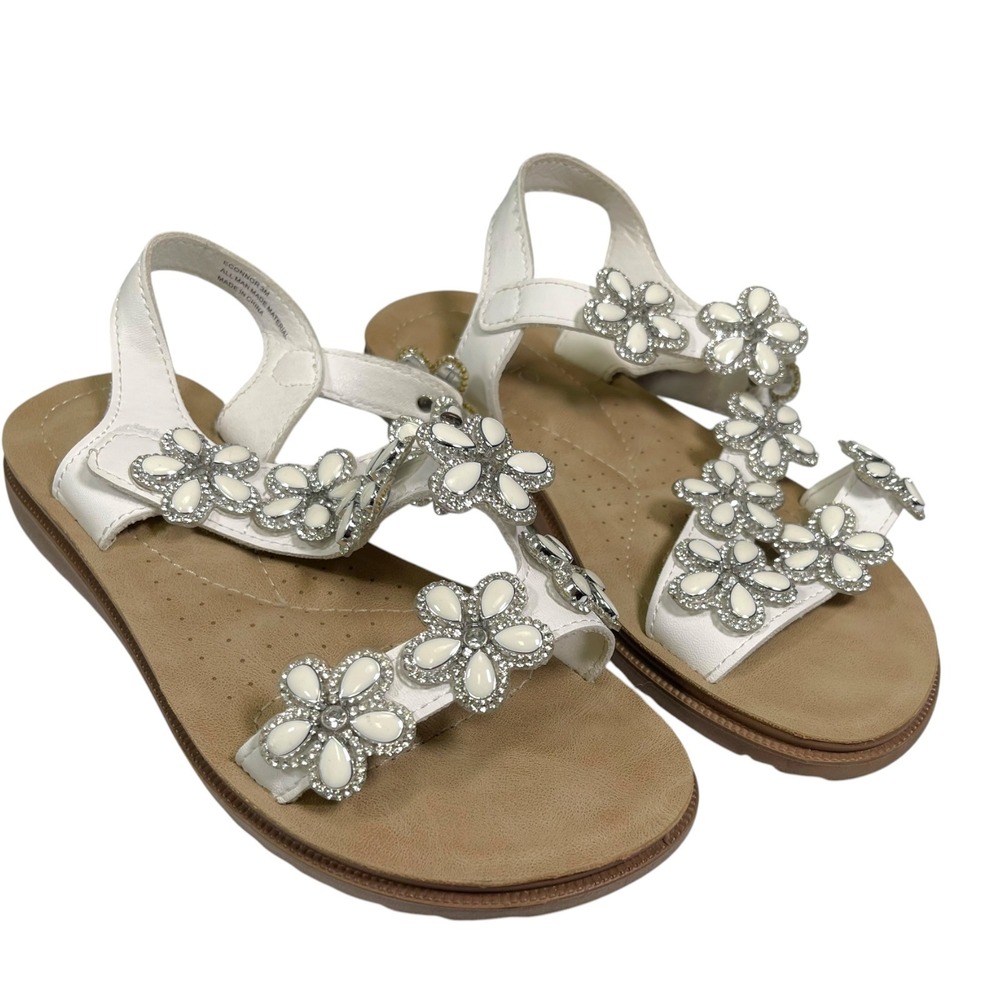 Annie 3M White Flat Sandals Floral Rhinestone Daisy Strappy E-Connor Coquette